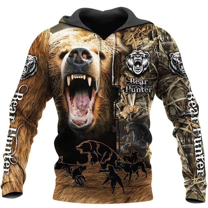 Unisex 3D camouflage bear hunting hoodie with realistic brown bear graphic for outdoor enthusiasts