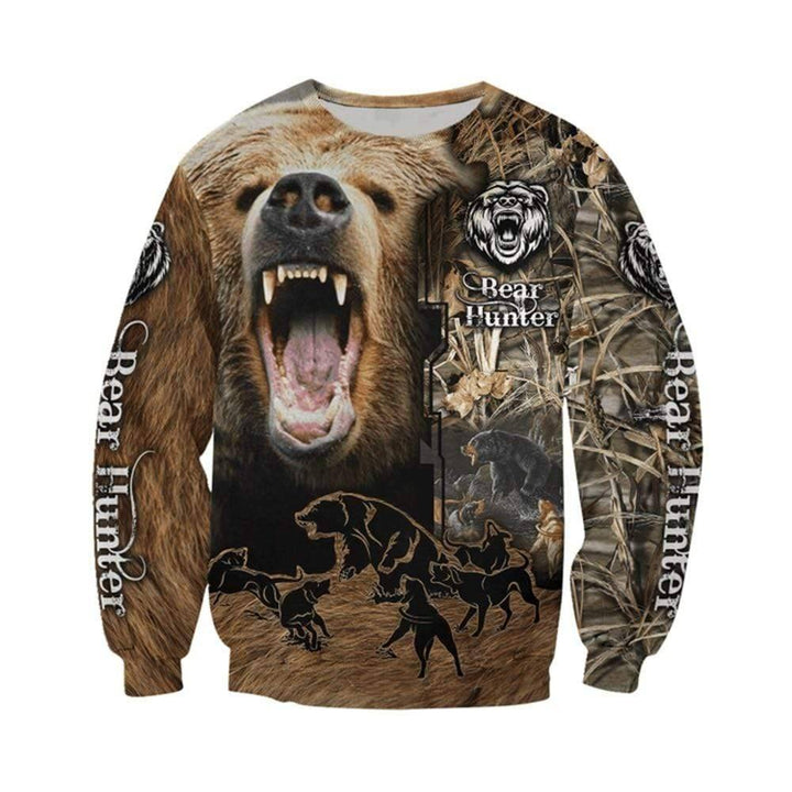 Close-up of a 3D camouflage bear hunting sweatshirt, perfect unisex apparel for wildlife observation