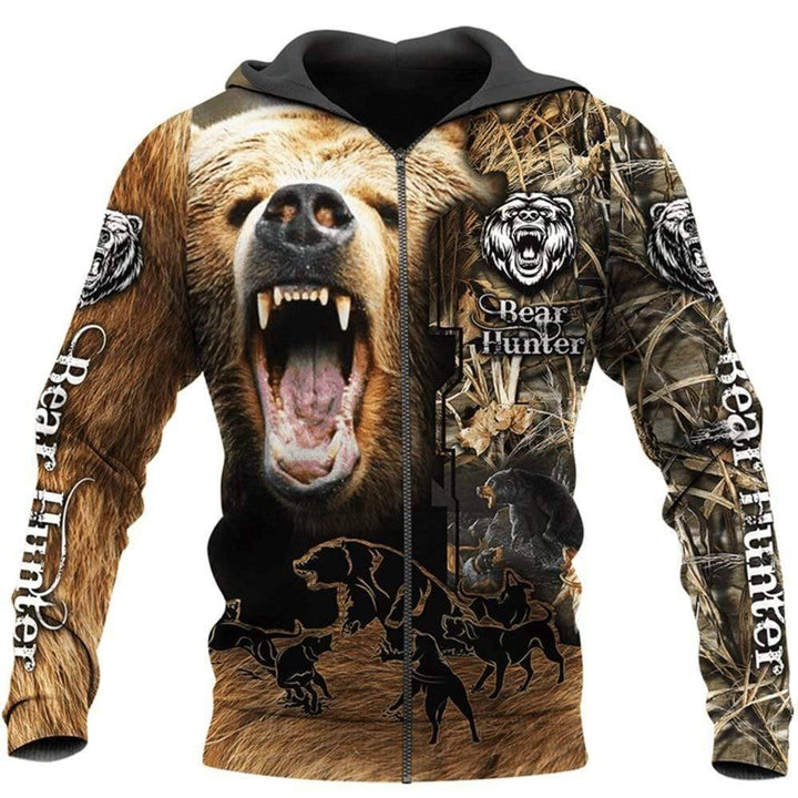 Unisex 3D print camouflage top with a bear graphic, designed for comfort during hunting or outdoor use