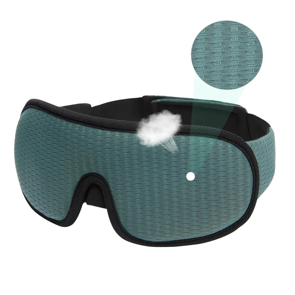 Unisex 3D contoured sleep mask with memory foam for total blackout and deep, restful sleep.