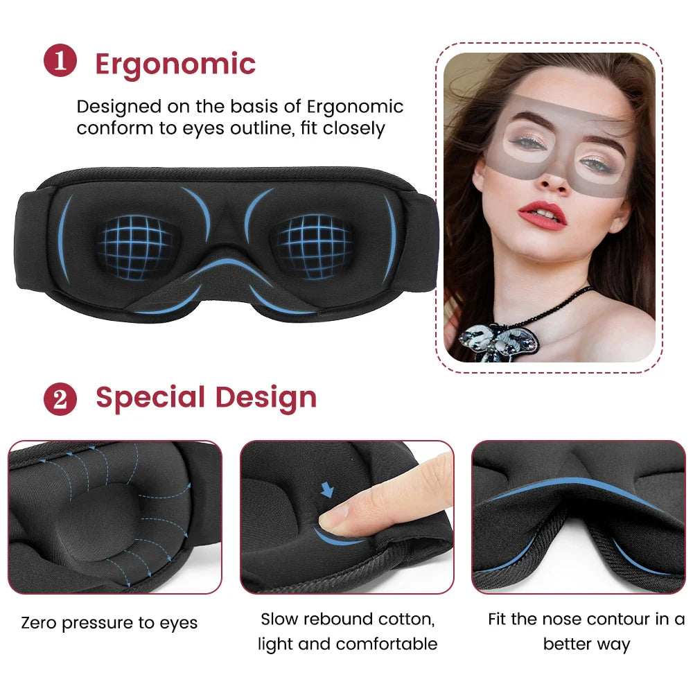 Comfortable eye mask, 3D contoured, perfect for travel & relaxation, ensuring complete darkness.