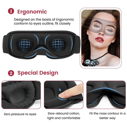 Comfortable eye mask, 3D contoured, perfect for travel & relaxation, ensuring complete darkness.