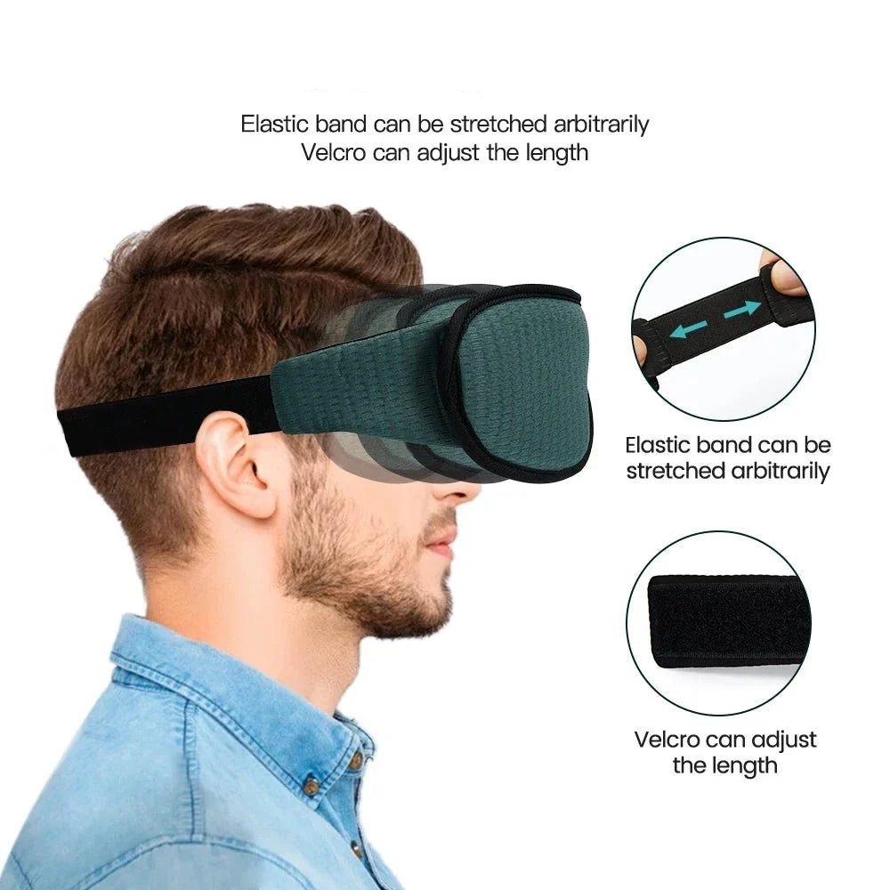Travel-friendly contoured sleep mask for men & women, offering comfortable, restful sleep & blackout.