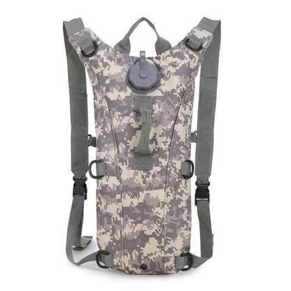Outdoor gear: Tactical hydration backpack in a natural, rugged environment