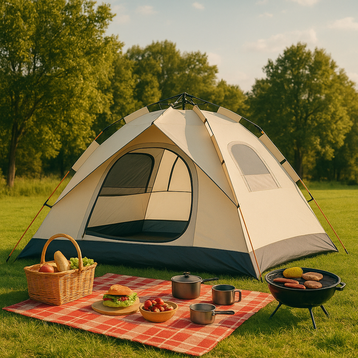 Unisex 4 person automatic pop-up camping tent in a green outdoor setting, portable and waterproof.