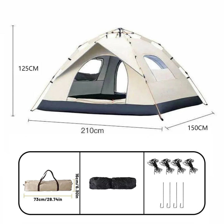 Unisex 4-person pop-up tent setup in a forest, highlighting its waterproof fabric and portability.