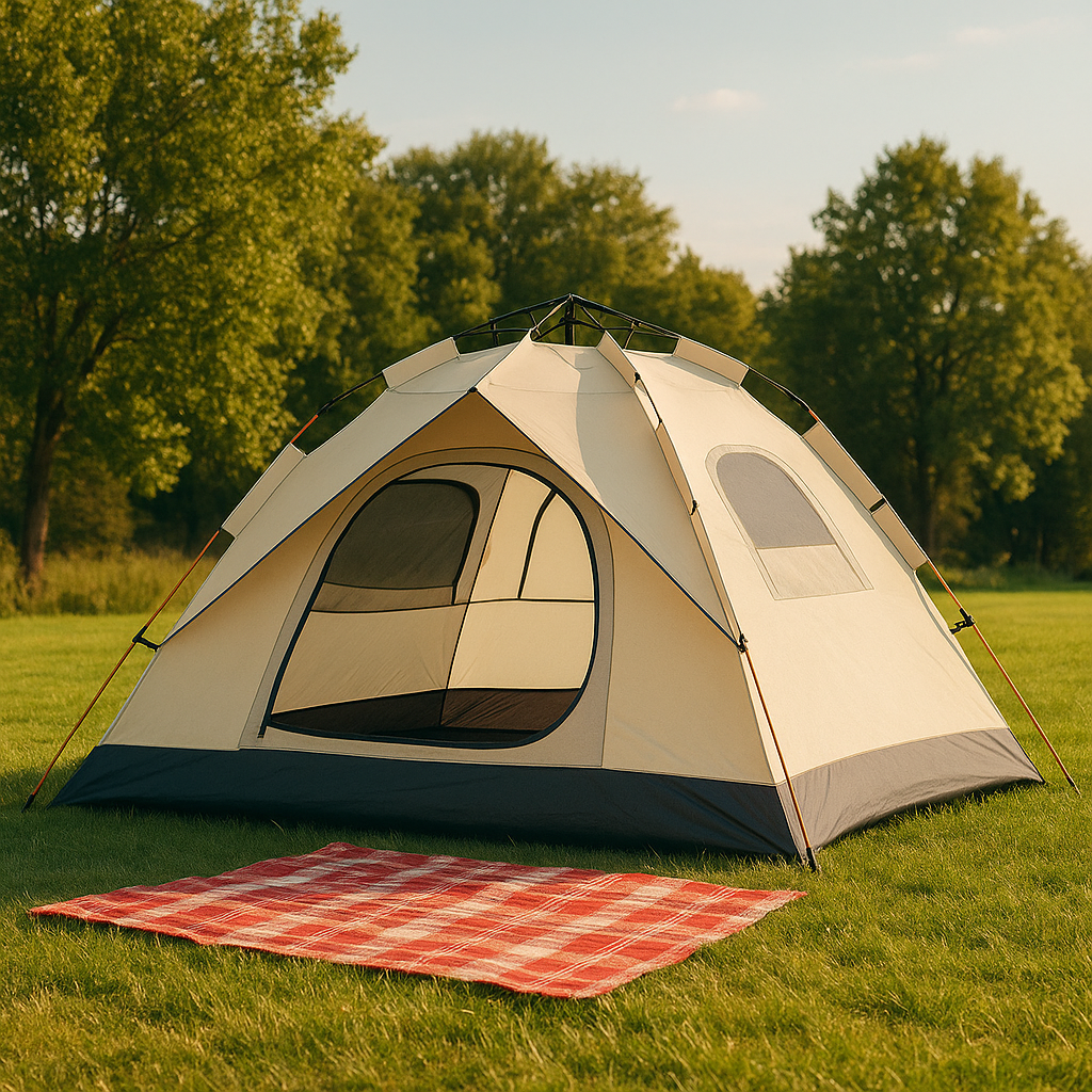Portable pop-up camping tent with UV protection for 4 individuals, shown fully set up in nature.