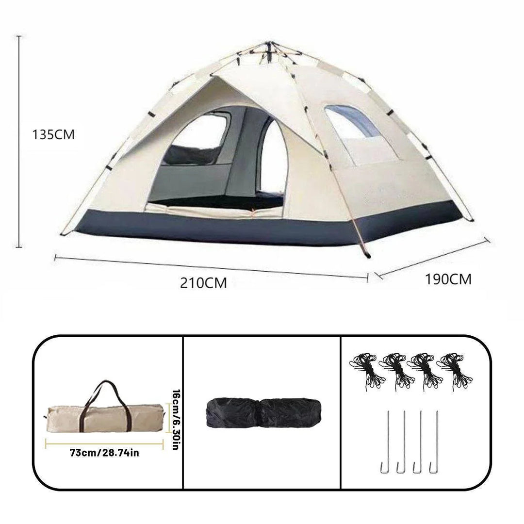 Compact and portable 4 person pop-up camping tent, waterproof with strong UV protection.