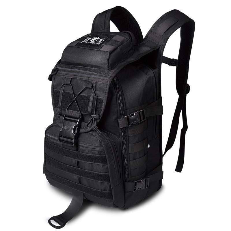 Close-up of military-style camping gear backpack with heavy-duty zipper and grab handle