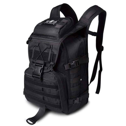Close-up of military-style camping gear backpack with heavy-duty zipper and grab handle