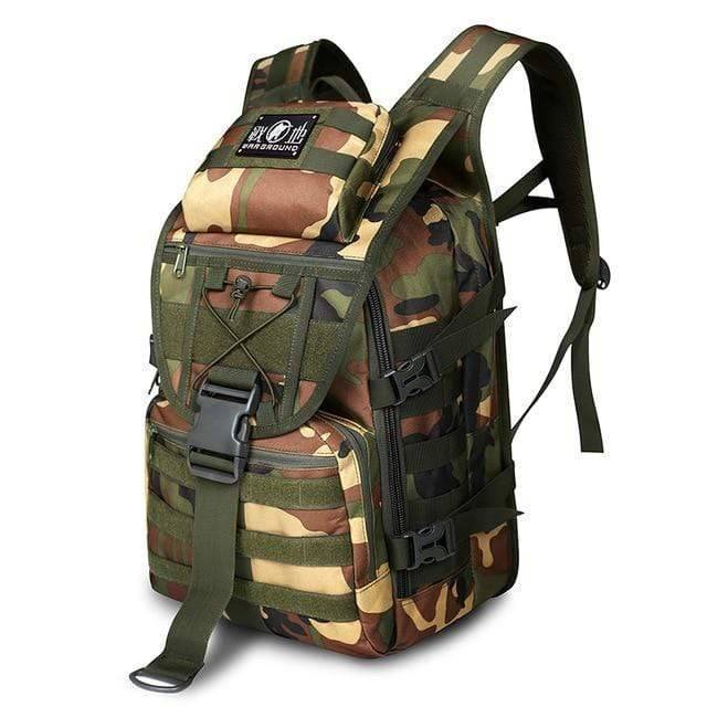 Side profile of military travel pack, illustrating robust construction and D-rings