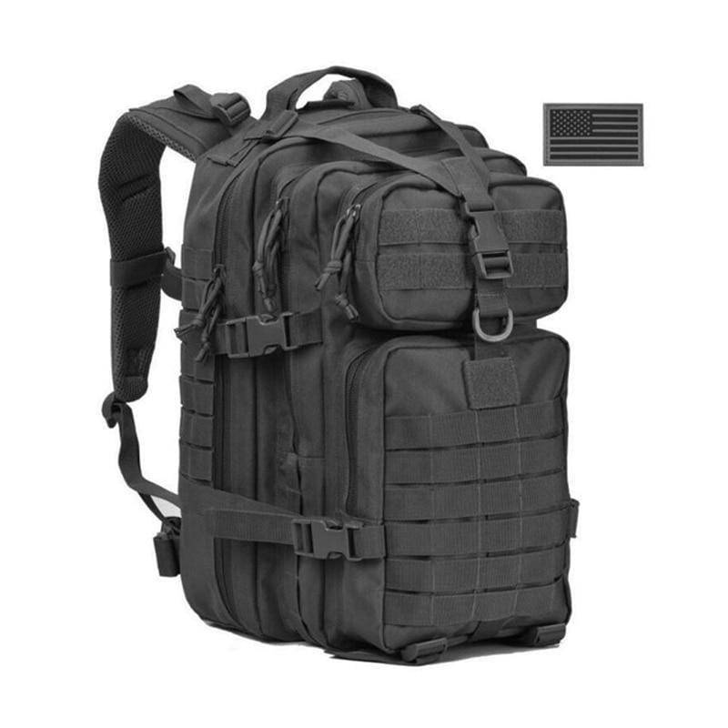 Front view of black 40L tactical backpack, a durable molle assault pack, ideal bug out bag