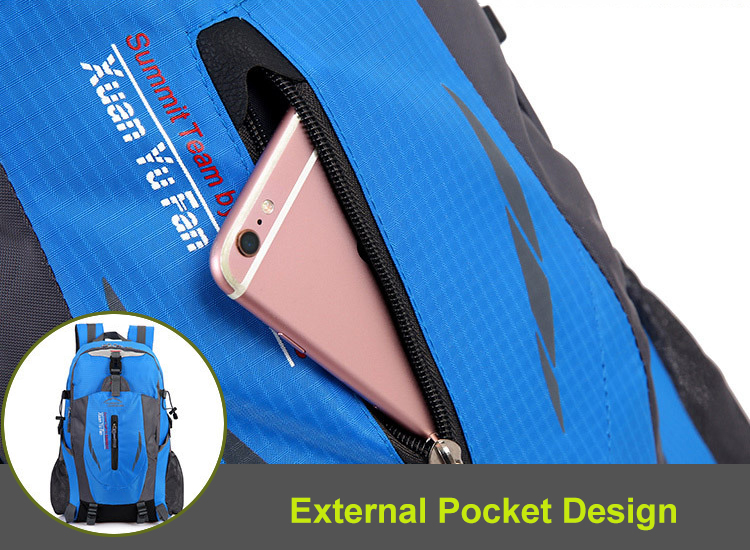 Durable 40L waterproof hiking backpack in use, outdoor adventure scene