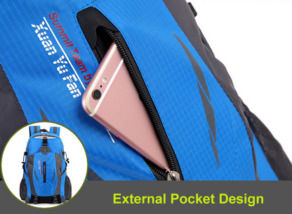 Durable 40L waterproof hiking backpack in use, outdoor adventure scene