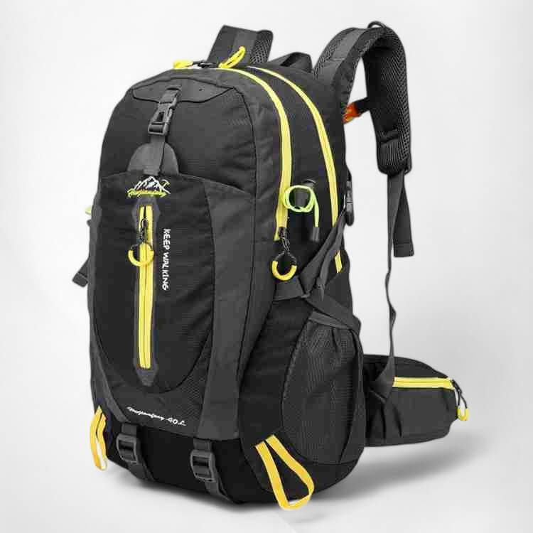 Close-up of the waterproof fabric on a 40L hiking backpack, built for tough conditions.