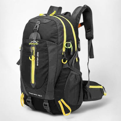 Close-up of the waterproof fabric on a 40L hiking backpack, built for tough conditions.