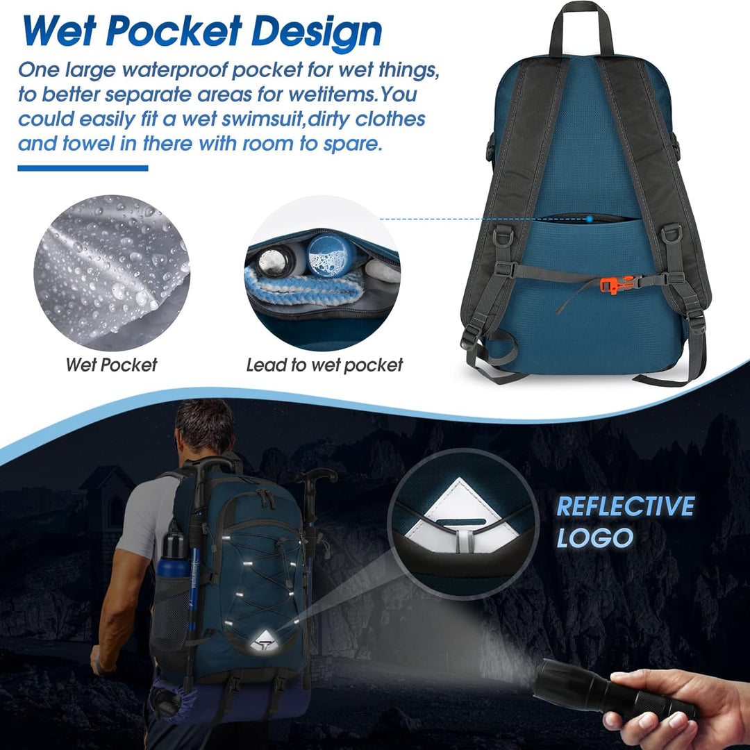 Outdoor gear: 40L waterproof hiking backpack, designed for comfort & protection from elements.