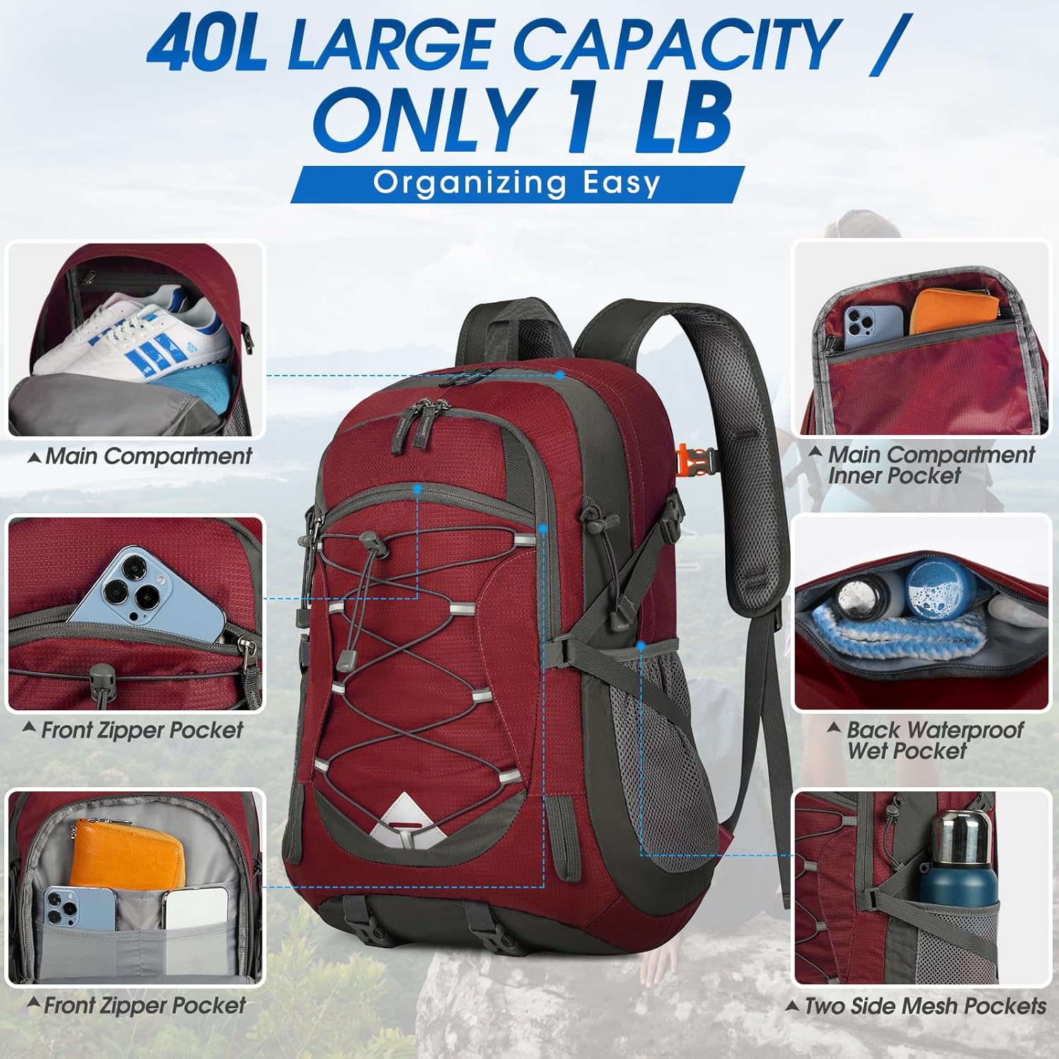 Durable 40L waterproof camping backpack, reliable outdoor gear for all weather conditions.