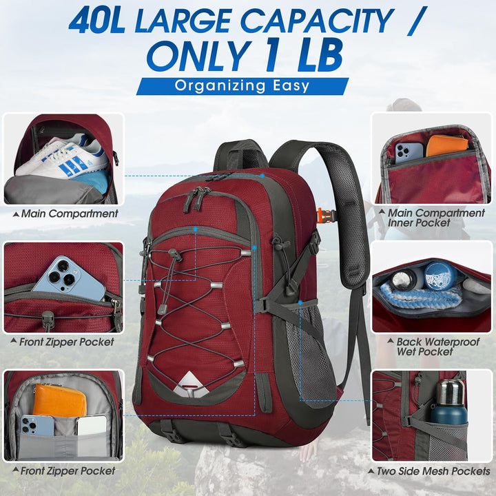 Durable 40L waterproof camping backpack, reliable outdoor gear for all weather conditions.