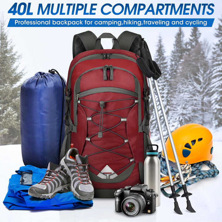 Ergonomic 40L waterproof camping backpack, lightweight and comfortable for extended use.