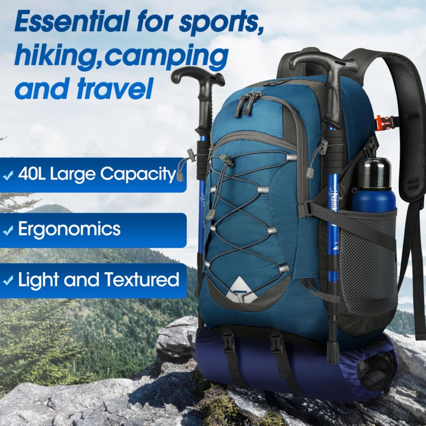 Durable 40L waterproof camping backpack, protecting your gear from rain and moisture.