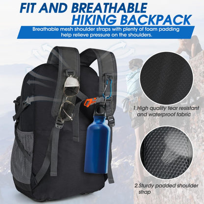 Lightweight 40L waterproof hiking backpack with reflective elements for safety.