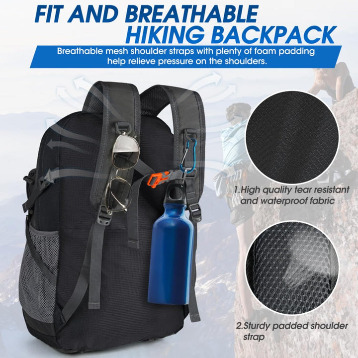Lightweight 40L waterproof hiking backpack with reflective elements for safety.