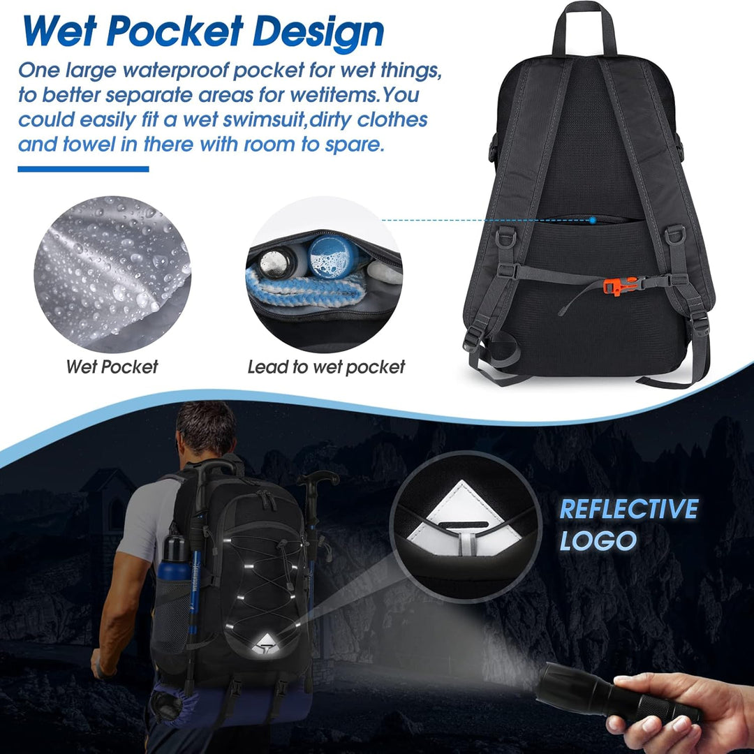 Waterproof 40L camping backpack, featuring an adjustable harness for a custom fit.