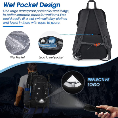 Waterproof 40L camping backpack, featuring an adjustable harness for a custom fit.