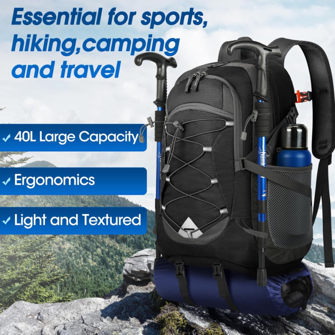 Packable 40L waterproof hiking & camping backpack in a vibrant color, essential outdoor gear.