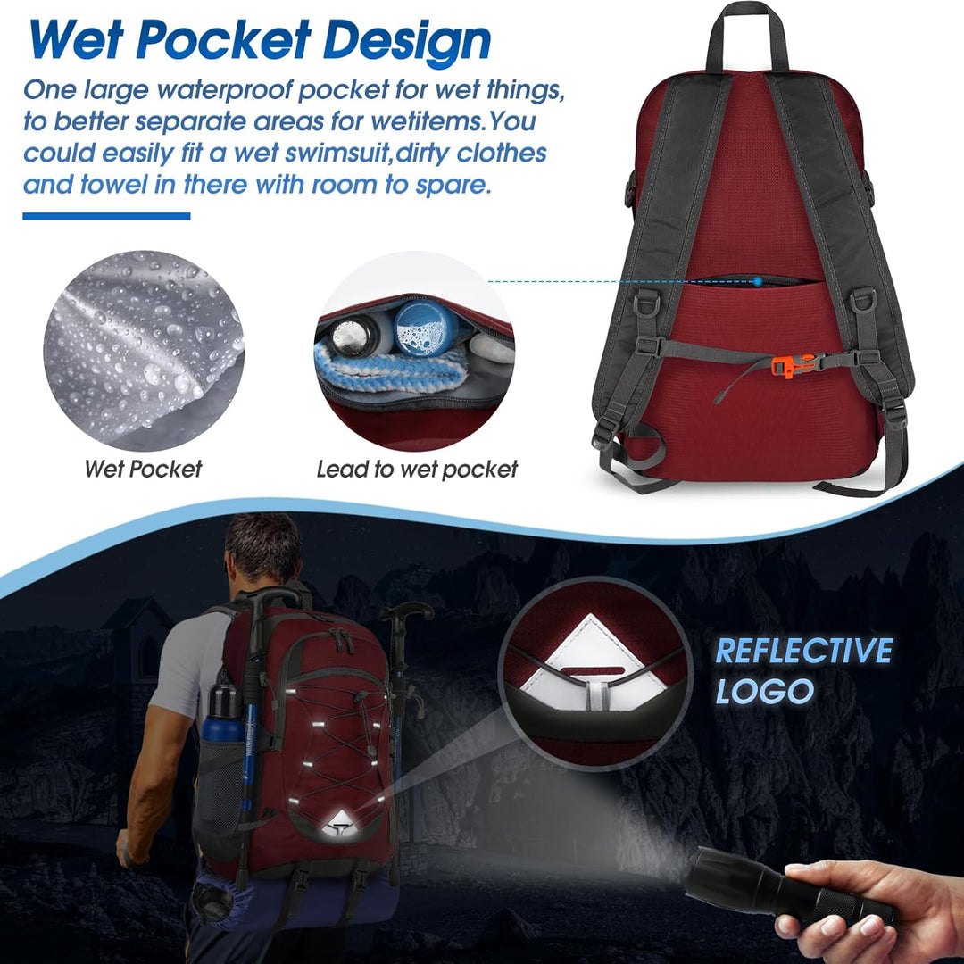 Unisex 40L waterproof travel bag for hiking & camping, featuring multiple compartments.
