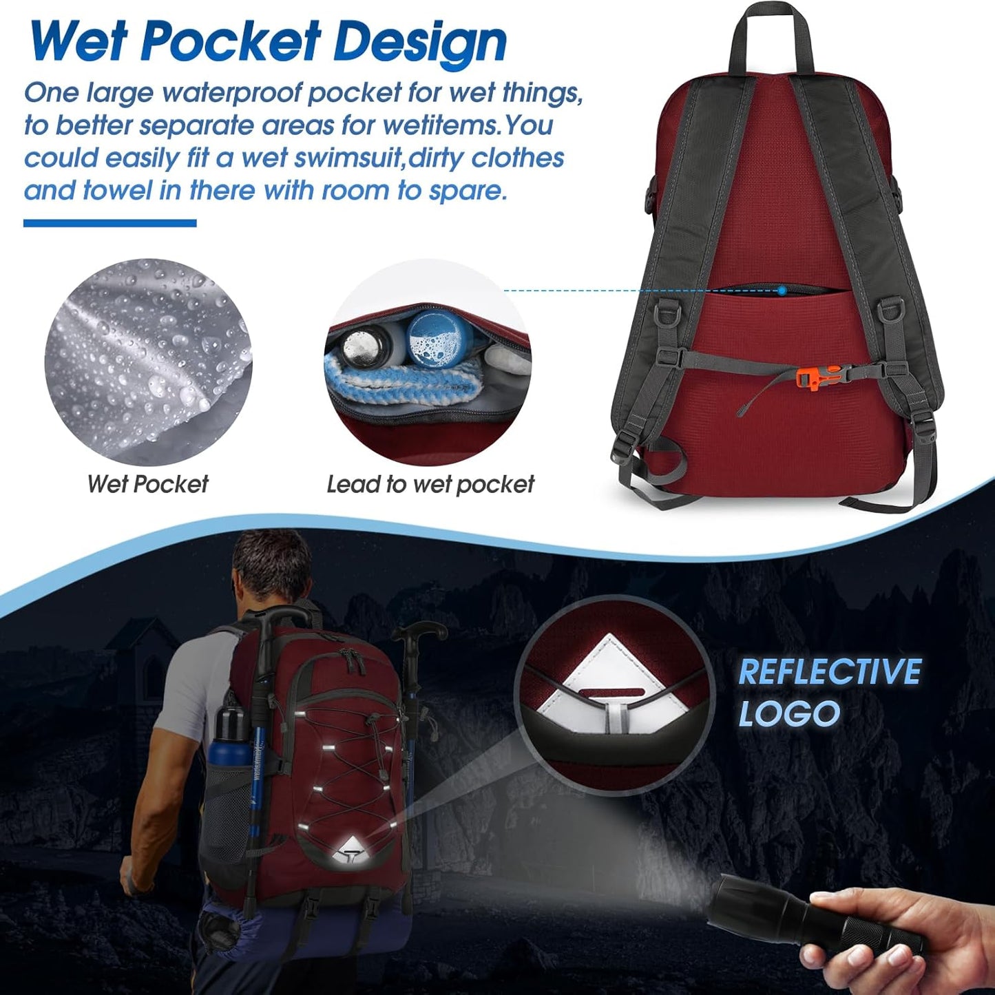 Unisex 40L waterproof travel bag for hiking & camping, featuring multiple compartments.
