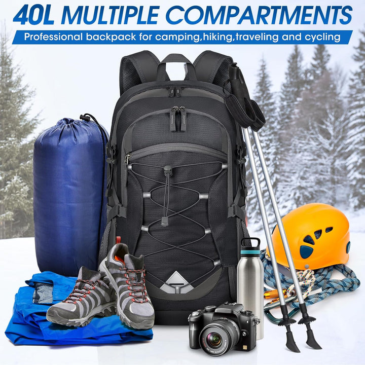 Durable 40L waterproof hiking backpack, lightweight design for comfortable outdoor treks.