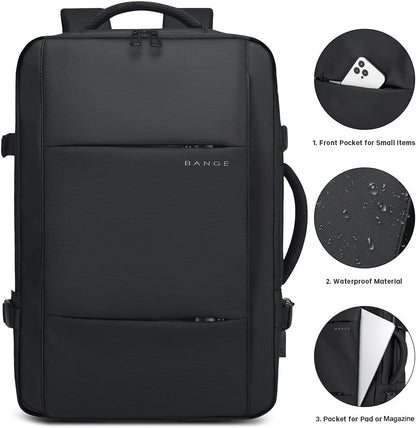 Waterproof travel backpack 45L, anti-theft design, fits laptops. Ideal for men & women.