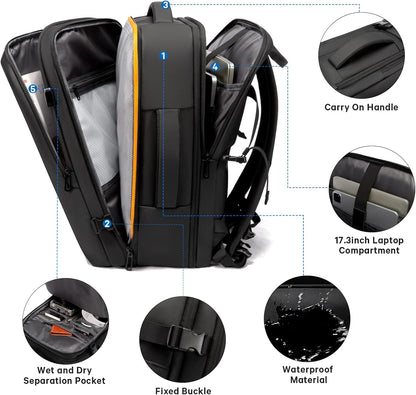 Expandable carry-on 45L backpack, lightweight yet durable for international travel.