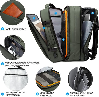 Spacious 45L travel backpack, ideal for short trips, with dedicated laptop compartment.