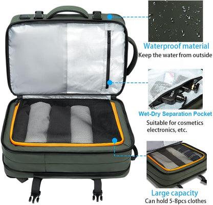 Expandable 45L travel backpack, carry-on compliant, perfect for organized packing.
