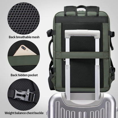 Unisex travel backpack 45L, ergonomic design for comfortable carrying, laptop sleeve.