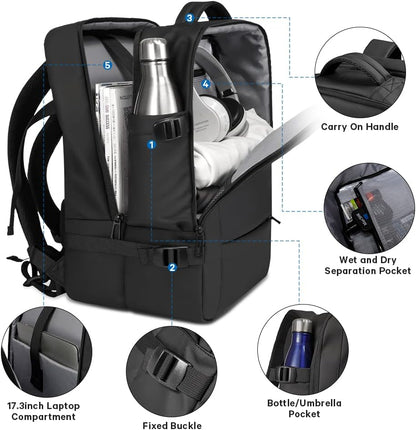 Unisex 45L travel backpack, suitable for men's & women's travel, with laptop protection.