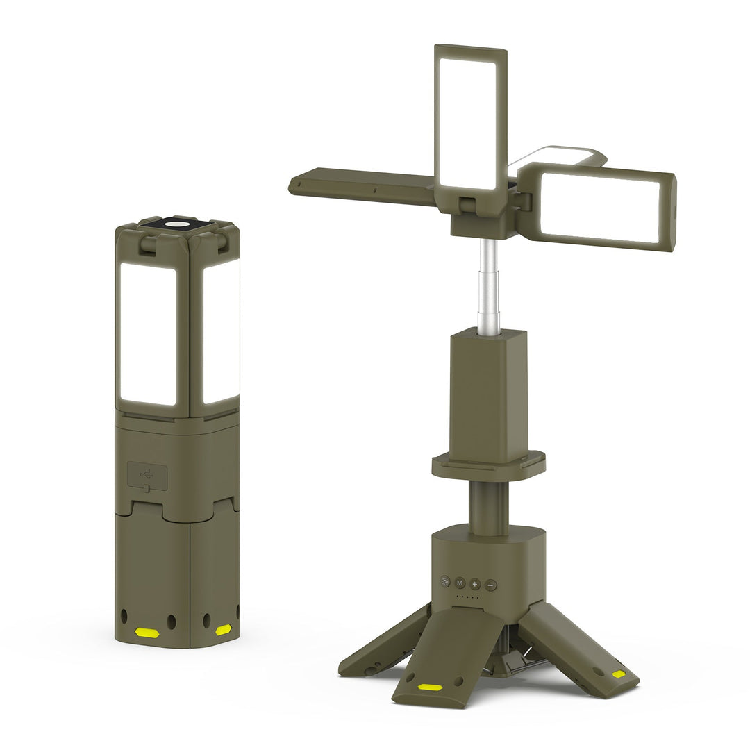 Bright 4800 lumen camping light, collapsed, beside hiking gear ready for adventure