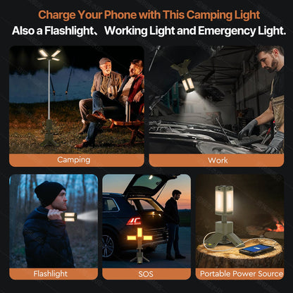 Emergency telescopic light providing bright, wide-area illumination for camping