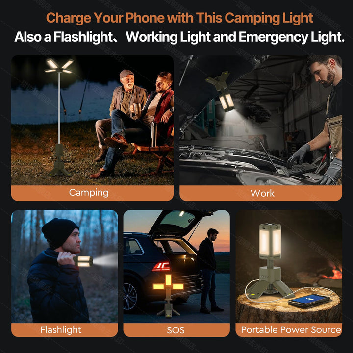 Emergency telescopic light providing bright, wide-area illumination for camping