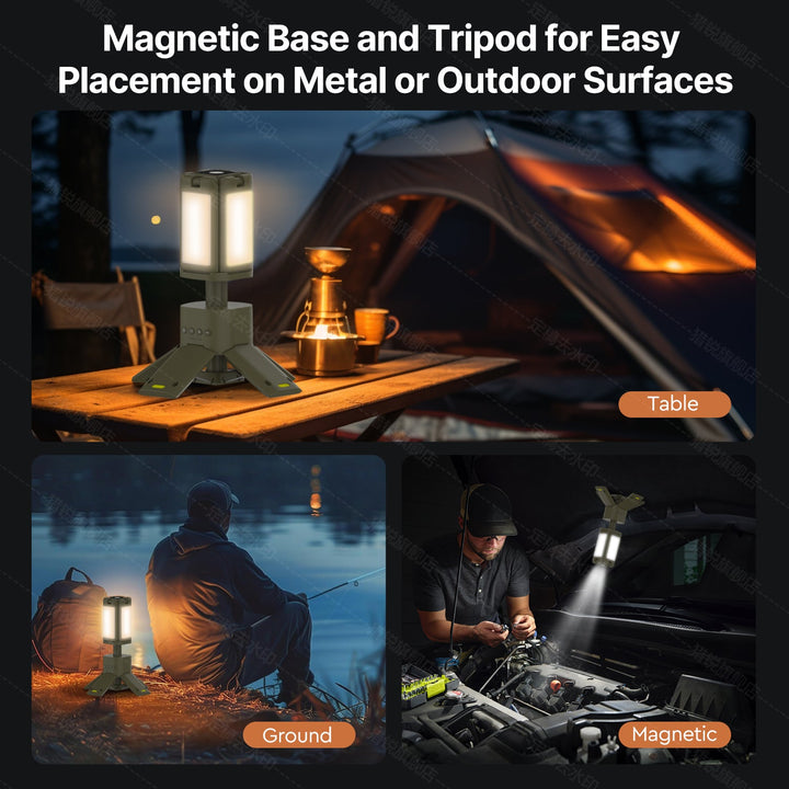 Camping light with magnetic base for hands-free lighting, showing strong attachment