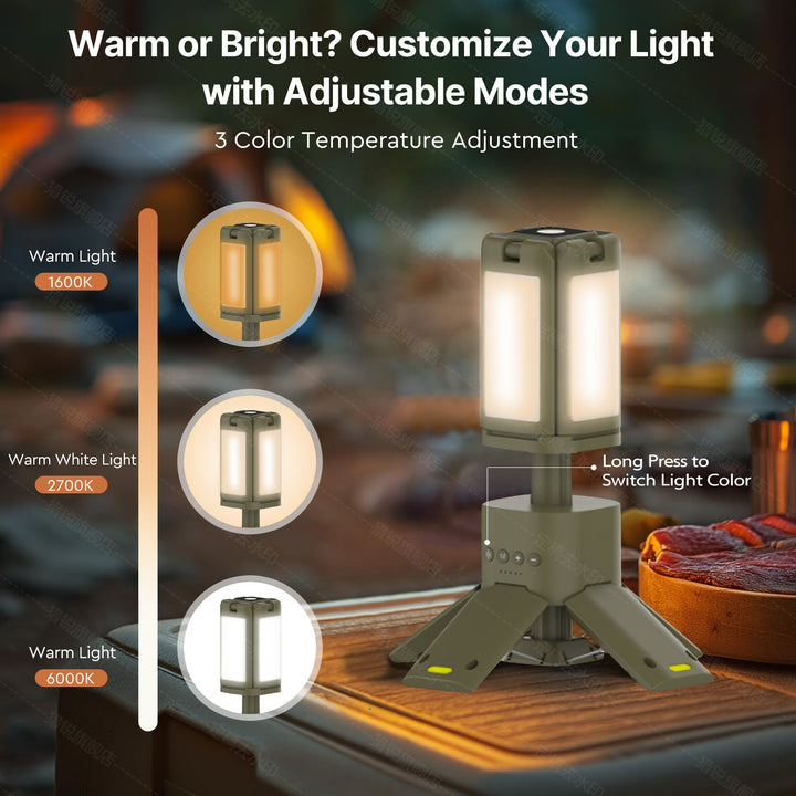 Telescopic camping light with power bank function, charging a smartphone outdoors