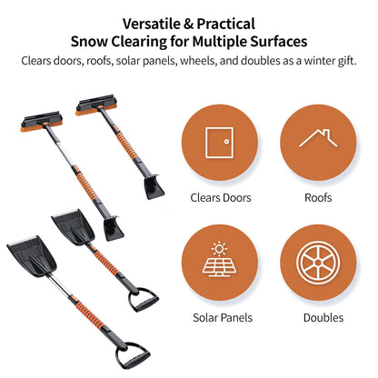 Complete 5-in-1 car snow shovel and ice scraper kit for all your winter auto snow and ice needs.