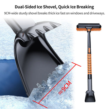 Ergonomic 5-in-1 car snow shovel and ice scraper, designed for easy winter car maintenance.