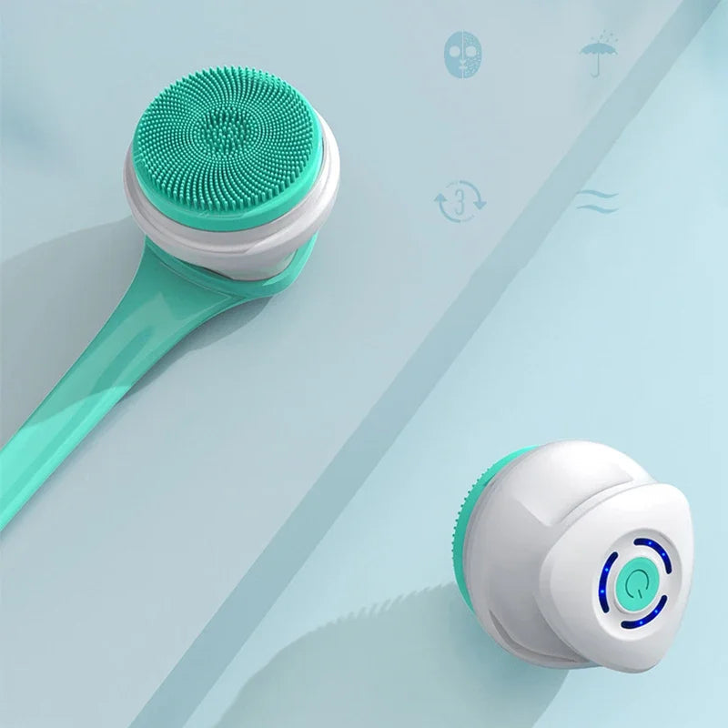 Unisex 5-in-1 electric body scrubber with long handle for deep cleansing & back exfoliation. Rechargeable & waterproof.