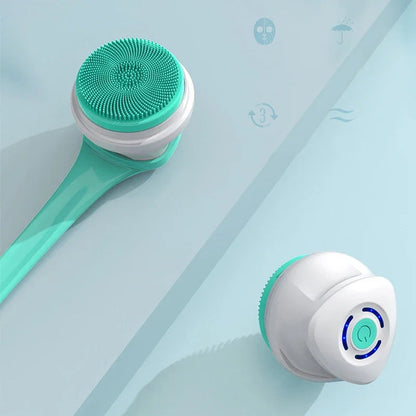 Unisex 5-in-1 electric body scrubber with long handle for deep cleansing & back exfoliation. Rechargeable & waterproof.