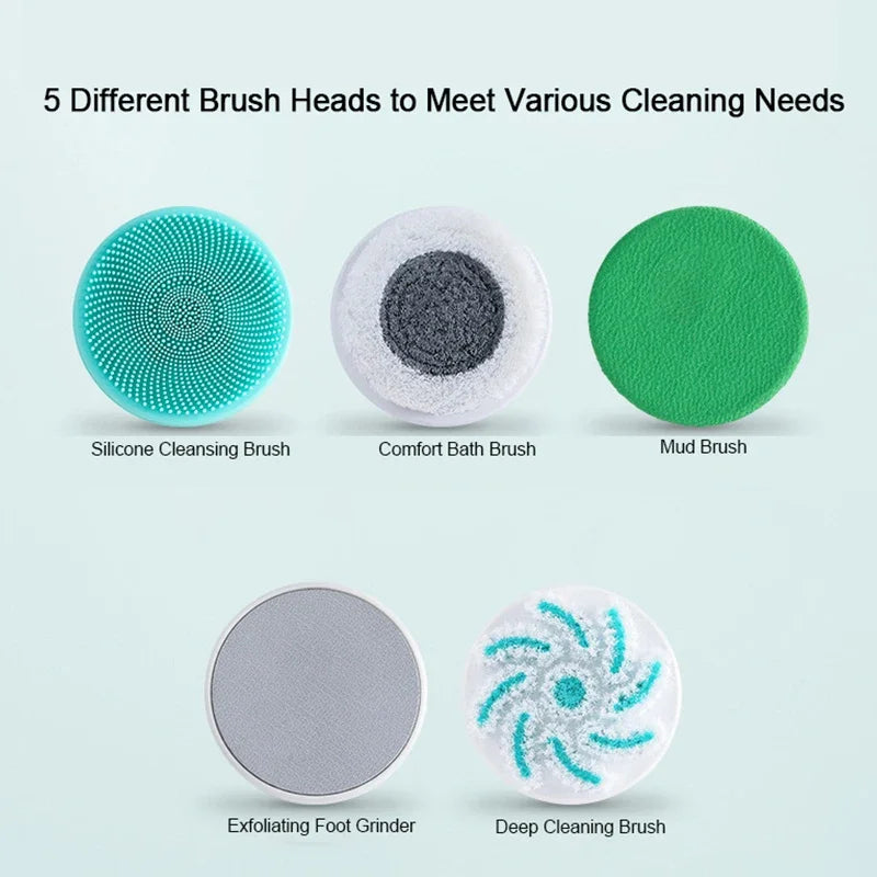 Waterproof 5-in-1 electric cleansing tool with long handle. Ideal back scrubber & body exfoliator for all skin types.