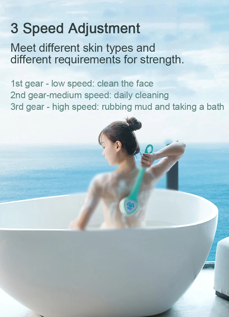 Ergonomic electric body exfoliator with long handle, perfect for hard-to-reach areas. Rechargeable skin care shower brush.